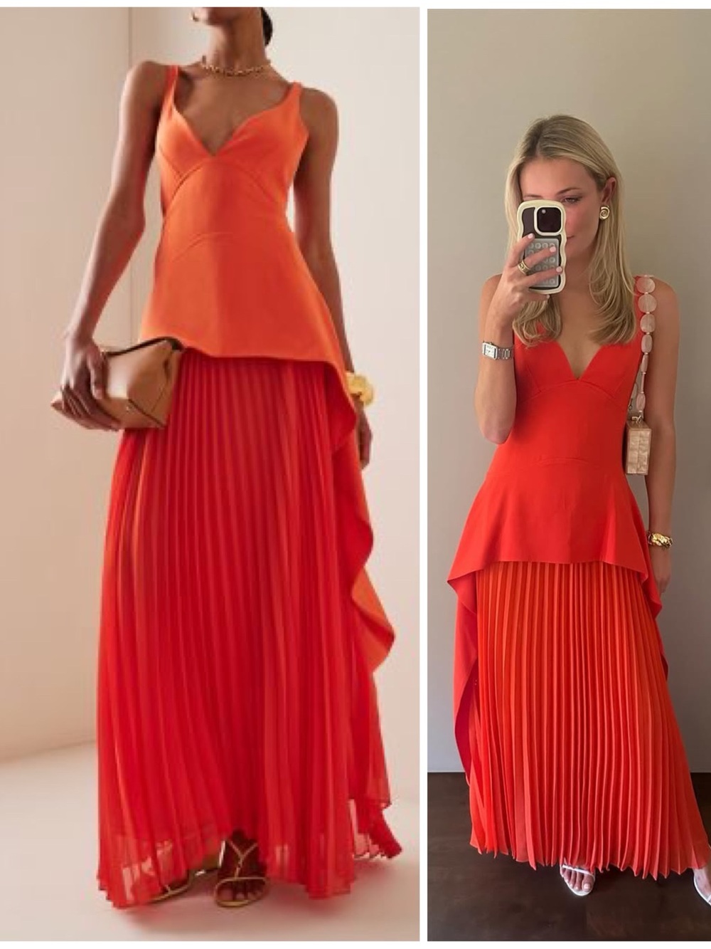 NWT Sequoia Pleated Combo Sleeveless V-Neck Midi Dress in Flame Orange Sz 00